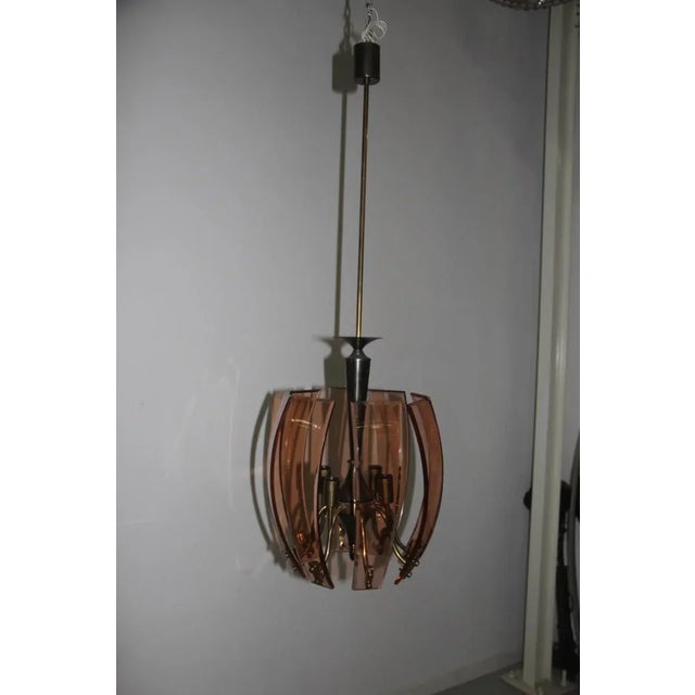 Brass & Curved Glass Chandelier, 1950s For Sale - Image 4 of 8