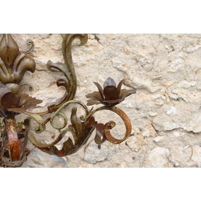 Antique French Chateau Fleur De Lis Wrought Iron Threerm Wall Sconces - a Pair For Sale - Image 6 of 13