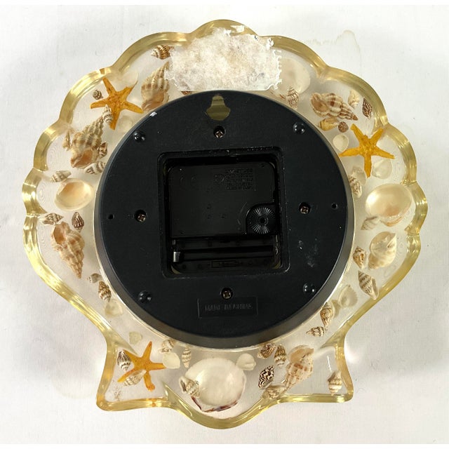 Plastic McM-Coastal-Lucite Wall Clock – Shaped Like a Seashell-Embedded Throughout With Tiny Seashells For Sale - Image 7 of 8