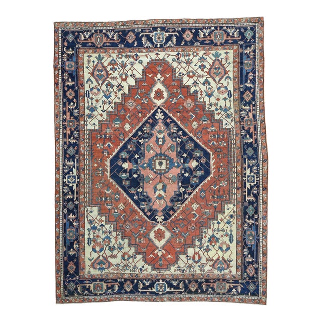 1890 Antique Persian Serapi Rust & Navy Medallion Rug For Sale
