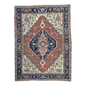 1890 Antique Persian Serapi Rust & Navy Medallion Rug