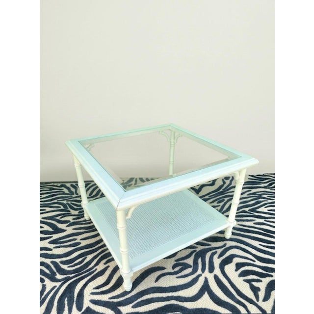 Vintage Faux Bamboo Regency Oversized White Glass Top Cane Bottom Shelf Square Side Coffee Tables- a Pair For Sale - Image 10 of 11