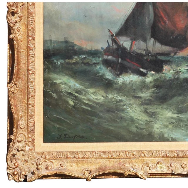 Early 20th Century Twentieth Century Blue Toned Sunset Seascape of Boat in Wavy Seas Painting For Sale - Image 5 of 10