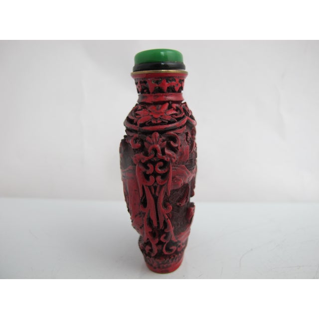 Chinese Vintage Chinese Red Cinnabar Lacquerware Village Scene Snuff Bottle For Sale - Image 3 of 10