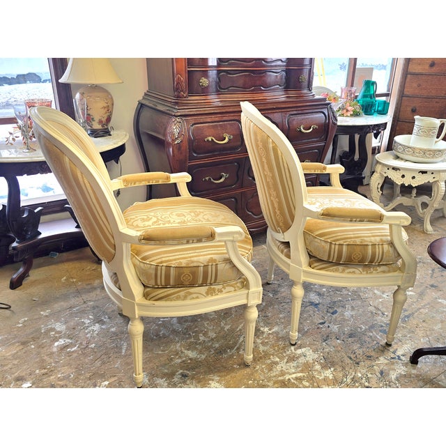 Vintage Painted French Country Upholstered Arm Chairs a Pair For Sale - Image 4 of 11