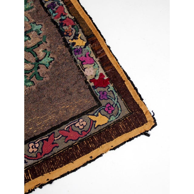 Antique Hand Hooked Floral Wool Rug With Brown Field and Colorful Border For Sale - Image 13 of 15
