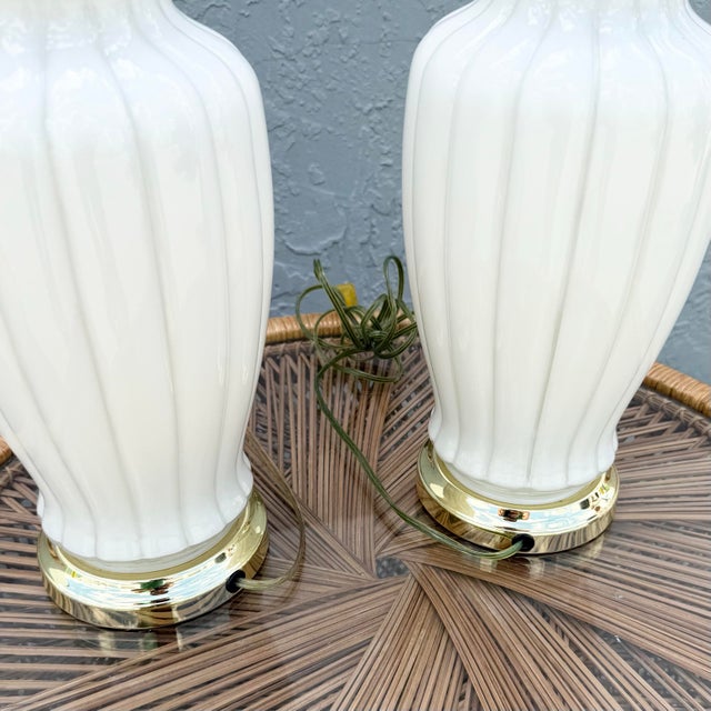 Mid 20th Century Hollywood Regency White Glass Scalloped Table Laps With Gold Accents - A Pair For Sale - Image 5 of 7