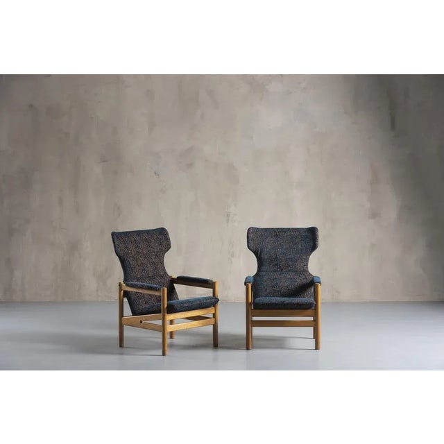 Set of Armchairs in Teak with Blue Patterned Cushions, 1969 For Sale - Image 6 of 7