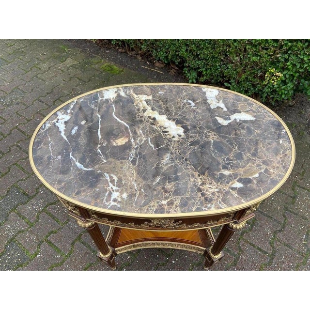 Brown Late 20c French Artisan Louis XVI Mahogany Marble Side Table For Sale - Image 8 of 13