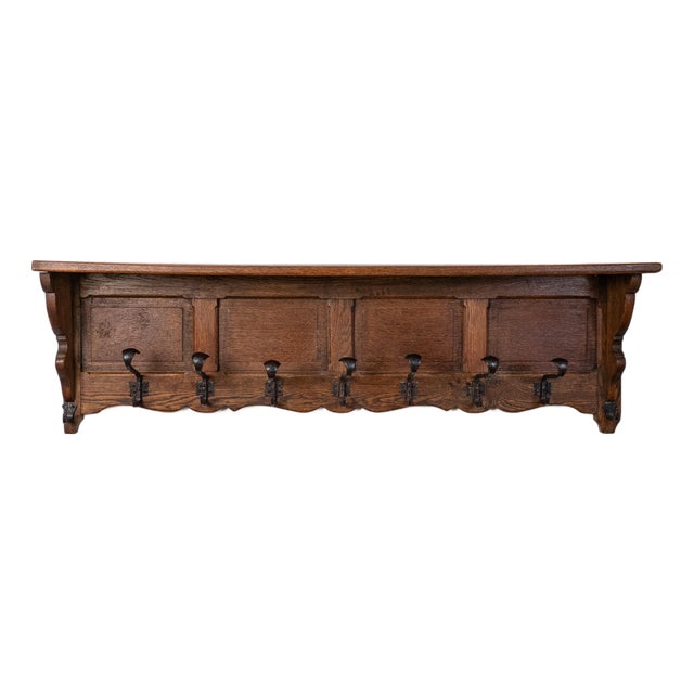 19th Century Gothic Revival Oak Wall Shelf With Hooks For Sale
