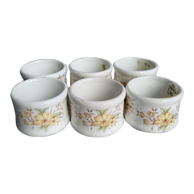 Vintage Fine Bone China Yellow Floral Napkin Rings, Set of 6 For Sale