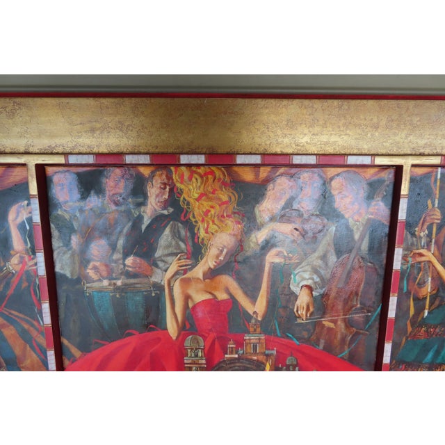 Surrealism Roman Zaslonov Painting "La Suite en Rouge" Oil on Canvas Triptych With Custom Guilt Wood Frame For Sale - Image 3 of 12