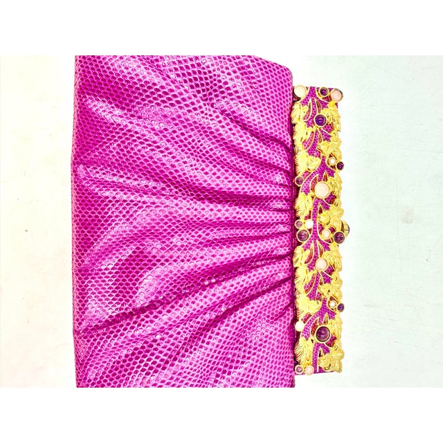 Metal 1990s Judith Leiber Karung SnakeSkin Fuschia Pink Handbag Pink Gemstones Clutch Shoulder Day Vintage For Sale - Image 7 of 12