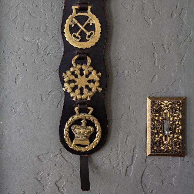 Metal English Equestrian Five Horse Brass Leather Bridle Strap For Sale - Image 7 of 9