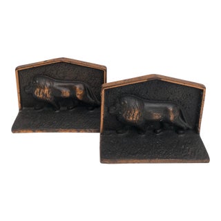 Vintage Iron Lion Bookends With Copper Finish For Sale