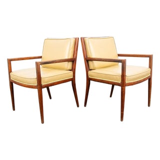 Mid Century Modern Lounge Chairs Solid Walnut Pair Tan Armchairs Two MCM Vintage For Sale