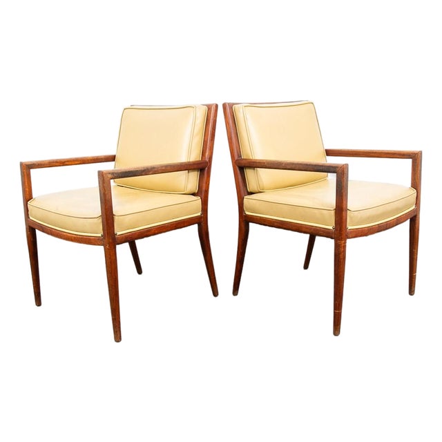 Mid Century Modern Lounge Chairs Solid Walnut Pair Tan Armchairs Two MCM Vintage For Sale