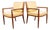 Mid Century Modern Lounge Chairs Solid Walnut Pair Tan Armchairs Two MCM Vintage For Sale