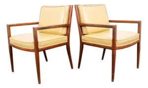 Mid Century Modern Lounge Chairs Solid Walnut Pair Tan Armchairs Two MCM Vintage