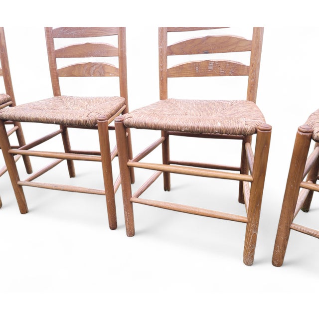 Vintage French Farmhouse Ladderback Dining Chairs in Oak with Rush Seats, 1950s, Set of 4 For Sale - Image 4 of 13