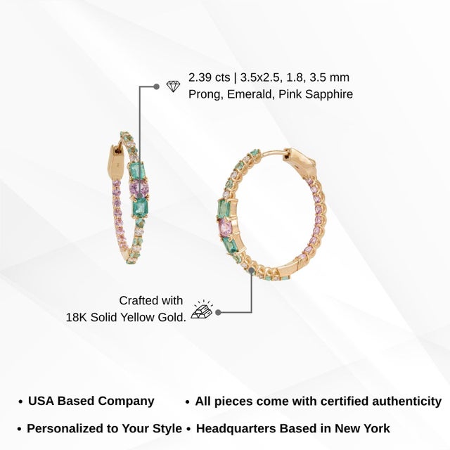 VRJewels 2.39ct Emerald Pink Sapphire & Diamond Snap Back Hoops in 18k Gold- 2 Pieces For Sale - Image 13 of 17