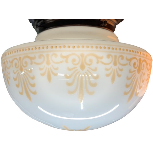 Art Nouveau 1915 Decorated Milk Glass Flush Mount Globe For Sale - Image 3 of 4
