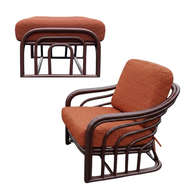 1960s Brown Jordan Designer Mid Century Bent Rattan Two Chairs and One Ottoman For Sale In Savannah - Image 6 of 8