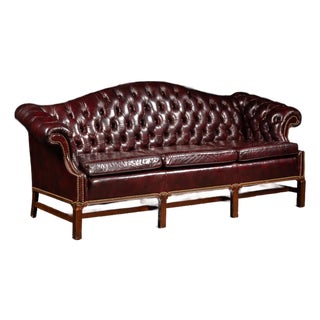 Vintage Chippendale-Style Camelback Chesterfield Leather Sofa in Oxblood For Sale