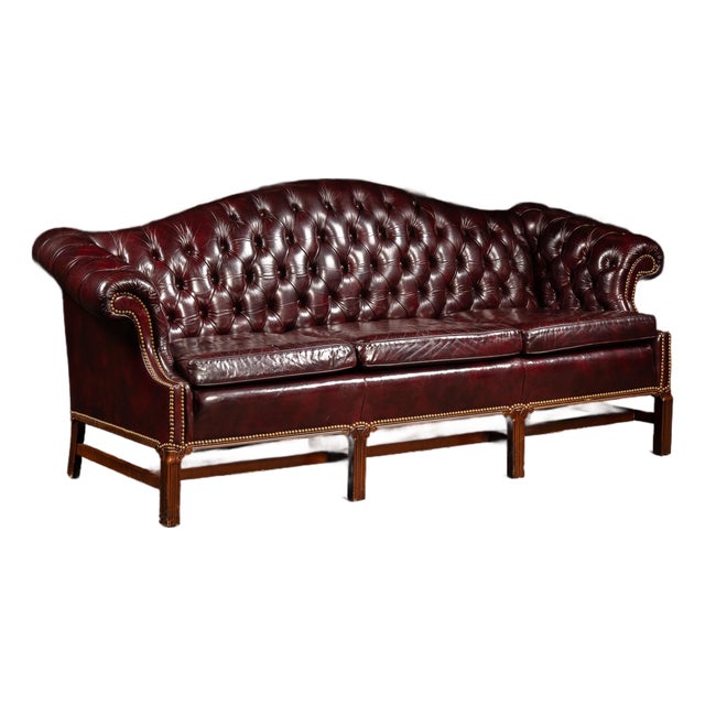 Vintage Chippendale-Style Camelback Chesterfield Leather Sofa in Oxblood For Sale