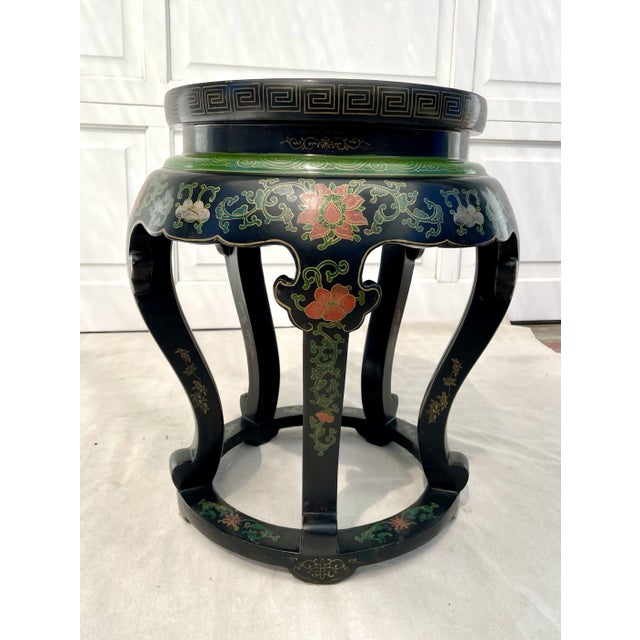 Asian Chinese Black Lacquer and Cloisonné Pedestal Stand Side Table For Sale - Image 11 of 12