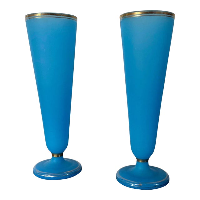 Antique 19th Century French Blue Opaline Glass Vases With Gilt Rim - a Pair For Sale