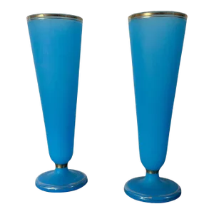 Antique 19th Century French Blue Opaline Glass Vases With Gilt Rim - a Pair