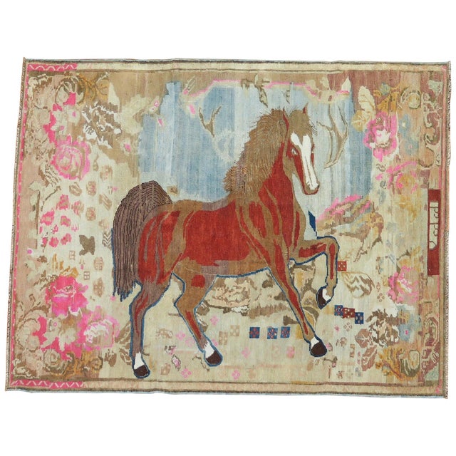 Antique Brown Horse 20th Century Pictorial Wool Decorative Rug For Sale - Image 15 of 18