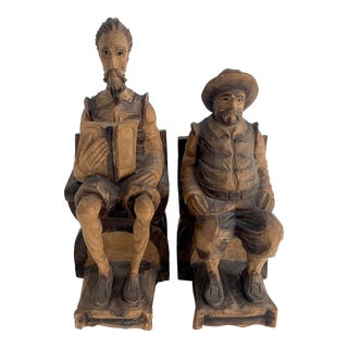 Don Quixote Spanish Hand-Carved Wood Bookends - a Pair For Sale