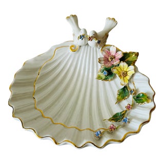 Vintage Shell Shaped Dish With Encrusted Gilded Flower Decoration For Sale