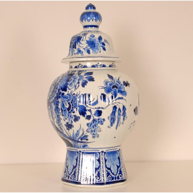 Mid 20th Century Royal Delft Blue and White Baluster Vase Chinoiserie Flowers Birds Octagonal Base For Sale - Image 5 of 13