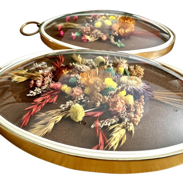 Pair of Vintage Oval Cideart Belgium Dried Floral Arrangements in a Convex Glass Dome Frames For Sale - Image 15 of 18