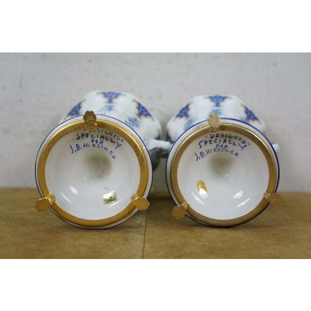 Mid 20th Century 2 Jb Hirsch Corsi Italian Blue & White Floral Porcelain Mantel Vases Urns 9" For Sale - Image 16 of 16