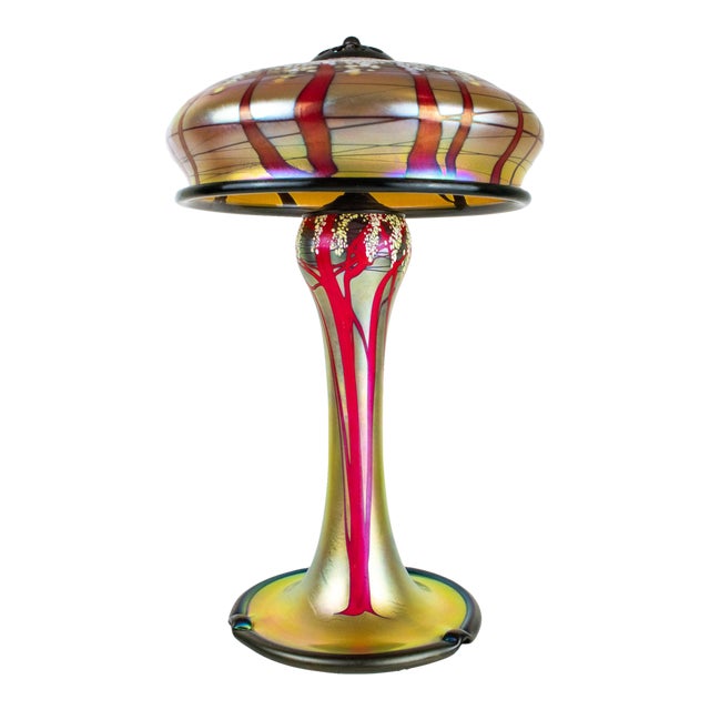 Large Gold "Cherry Blossom" Table Lamp by Carl Radke Signed, Dated For Sale