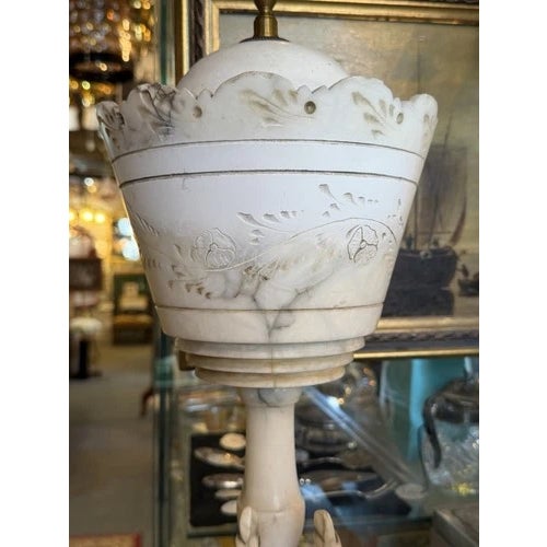 Late 19th Century Victorian Hand Carved Alabaster Table Lamb With Bird Motif For Sale - Image 12 of 12
