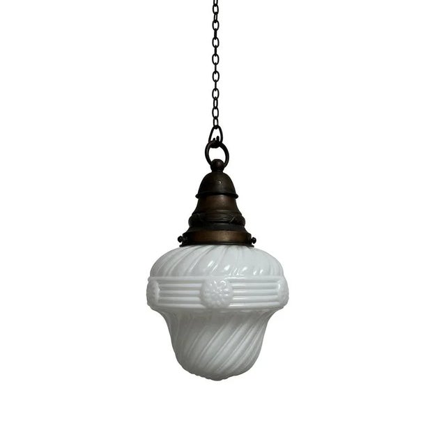 Vintage Edwardian Satin Church Opaline Milk White Glass Ceiling Pendant Lamp For Sale - Image 4 of 4