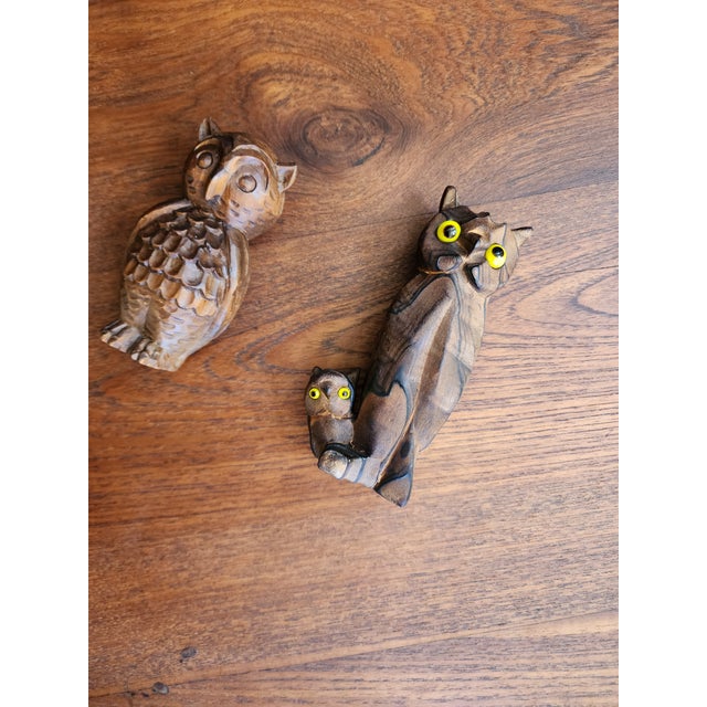 Wood Vintage Handcrafted Wooden Sculptures of Owls - Set of Two For Sale - Image 7 of 7