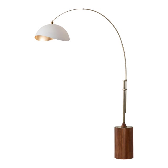 1980s Nova of California Brass Floor Lamp - 92" Tambo Style, Mid Century Modern, Walnut Base, Matte White/Gold Shade For Sale