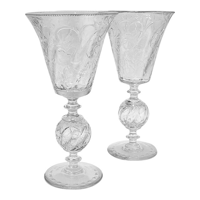 Art Deco Pairpoint Glass Ardsley Pattern Footed Vases - A Pair For Sale