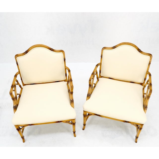 Pair Faux Bamboo New Virgin Wool Upholstery Lounge Arm Fire Side Chairs MINT! For Sale - Image 6 of 16