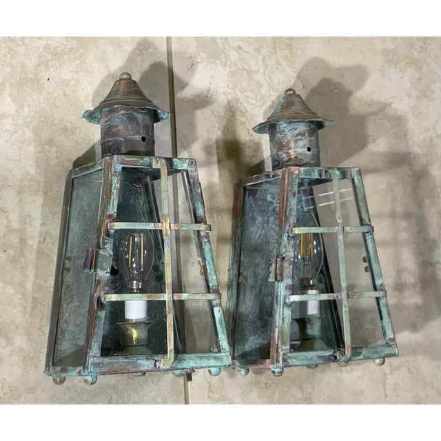Funky Vintage Pair of Solid Patinated Brass and Copper Wall Lanterns For Sale - Image 13 of 16
