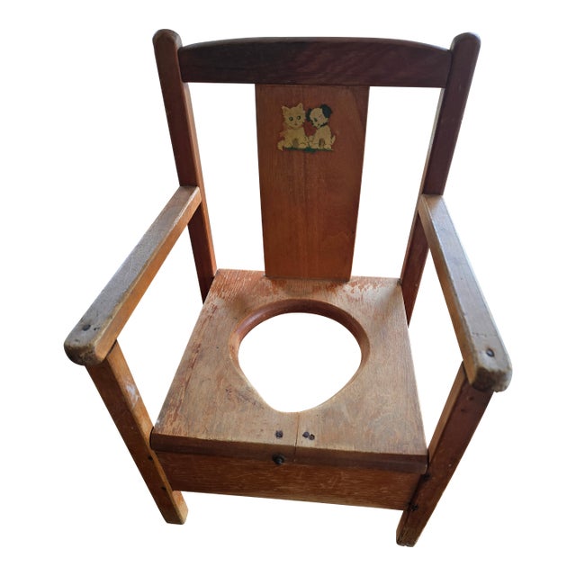 Vintage Primitive Wooden Child's Potty Chair With Kitten & Puppy Decal | Nursery Decor | Plant Stand For Sale