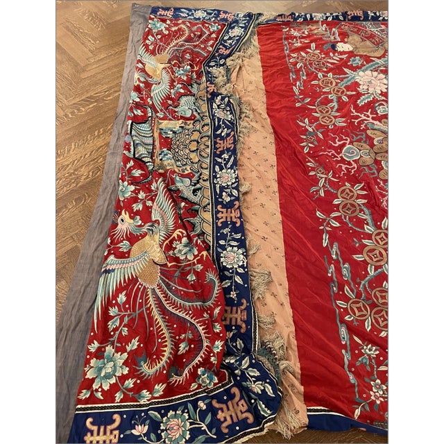 A Massive Chinese Red Ground Embroidered Silk Wall Panel, Late Qing Dynasty For Sale - Image 14 of 15