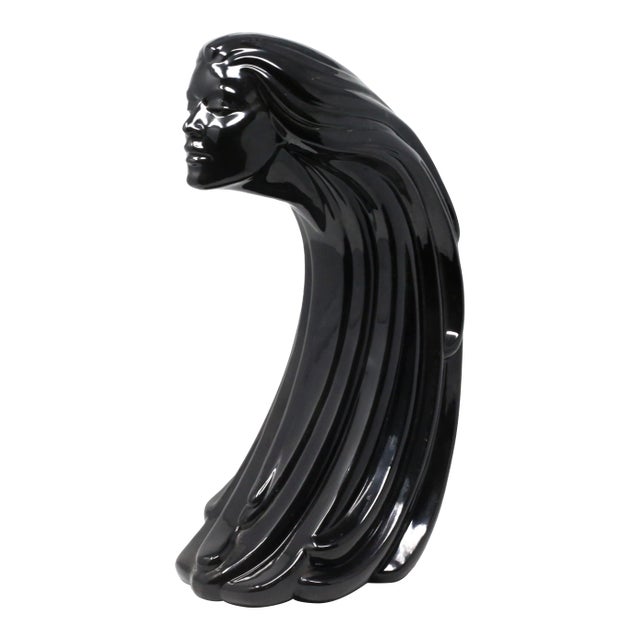 1990 Black Ceramic Woman's Head and Hair Sculpture For Sale