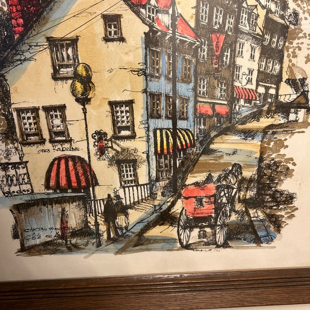 Wood 1970s Mid-Century Modern Hand-Tinted Lithograph of Old Quebec by Nikola-Château Frontenac View 22x 14 Original Oak Frame For Sale - Image 7 of 12